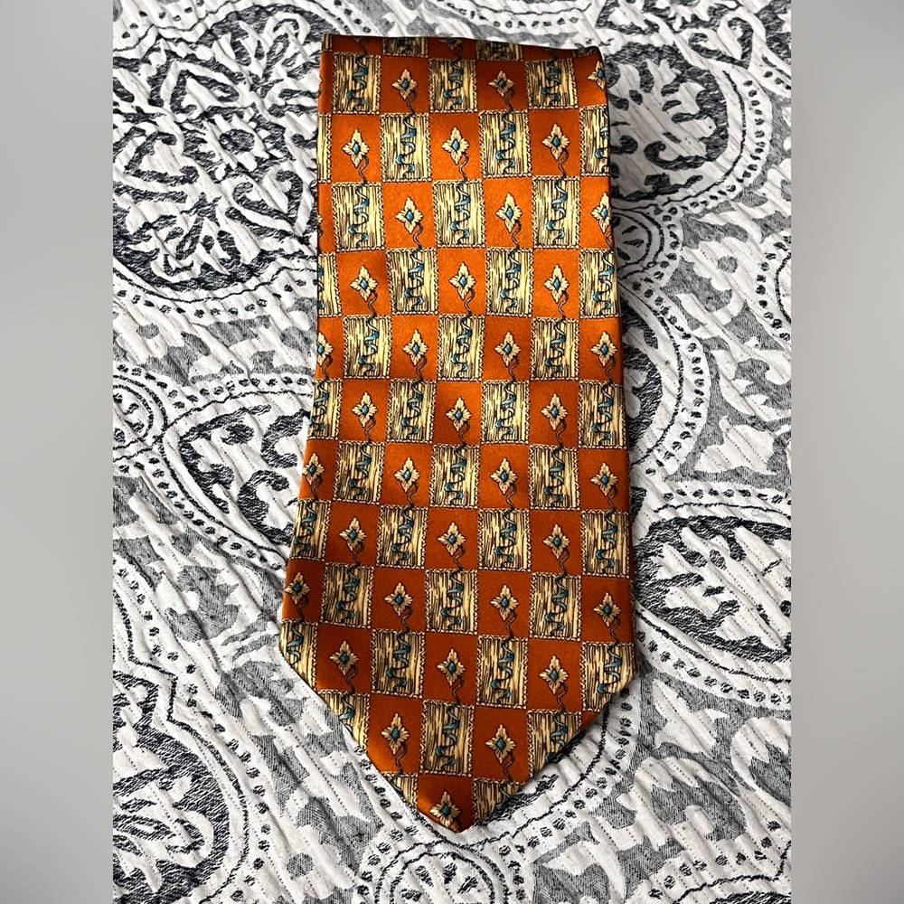 Valentino Orange and Gold  Vintage Silk Italian Luxury Geometric Tie